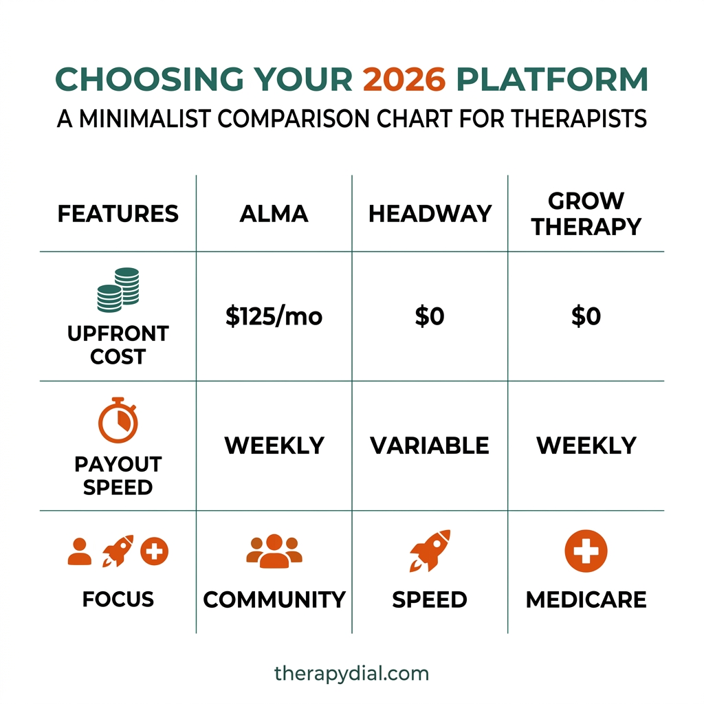 Alma vs Headway vs Grow Therapy 2026 Comparison Guide