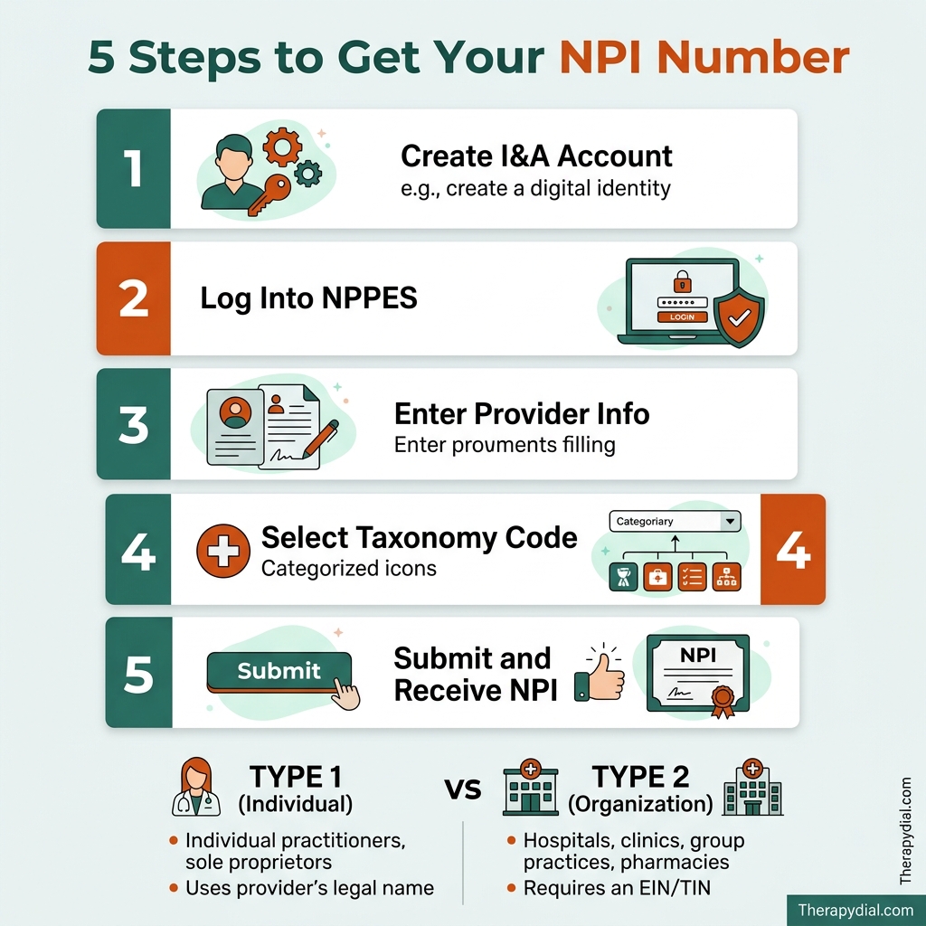 Comprehensive NPI Number Guide for US Therapists Infographic - TherapyDial